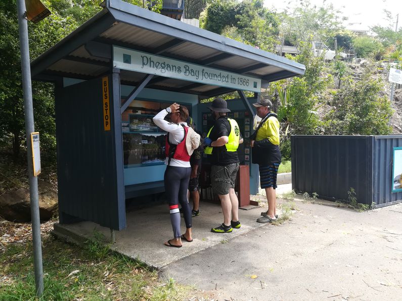 Paddlers looking at bus stop at Phegans Bay