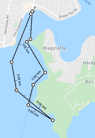 Map show route of Ettalong to Lobster Beach trip and return