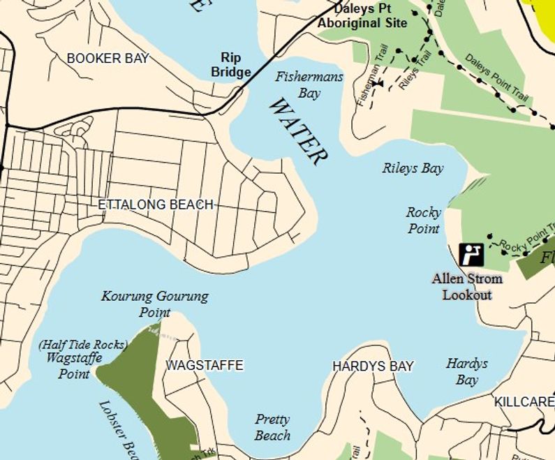 Map of paddle trip from Ettalong Beach to the Rip Bridge