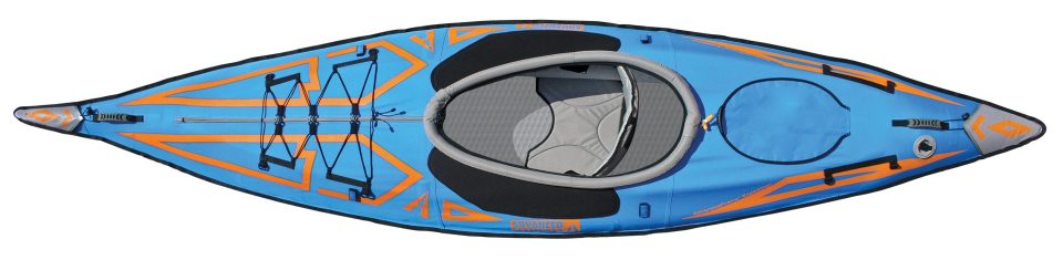 View of the AdvancedFrame Expedition Elite Kayak from above shows sear and cockput and deck fittings